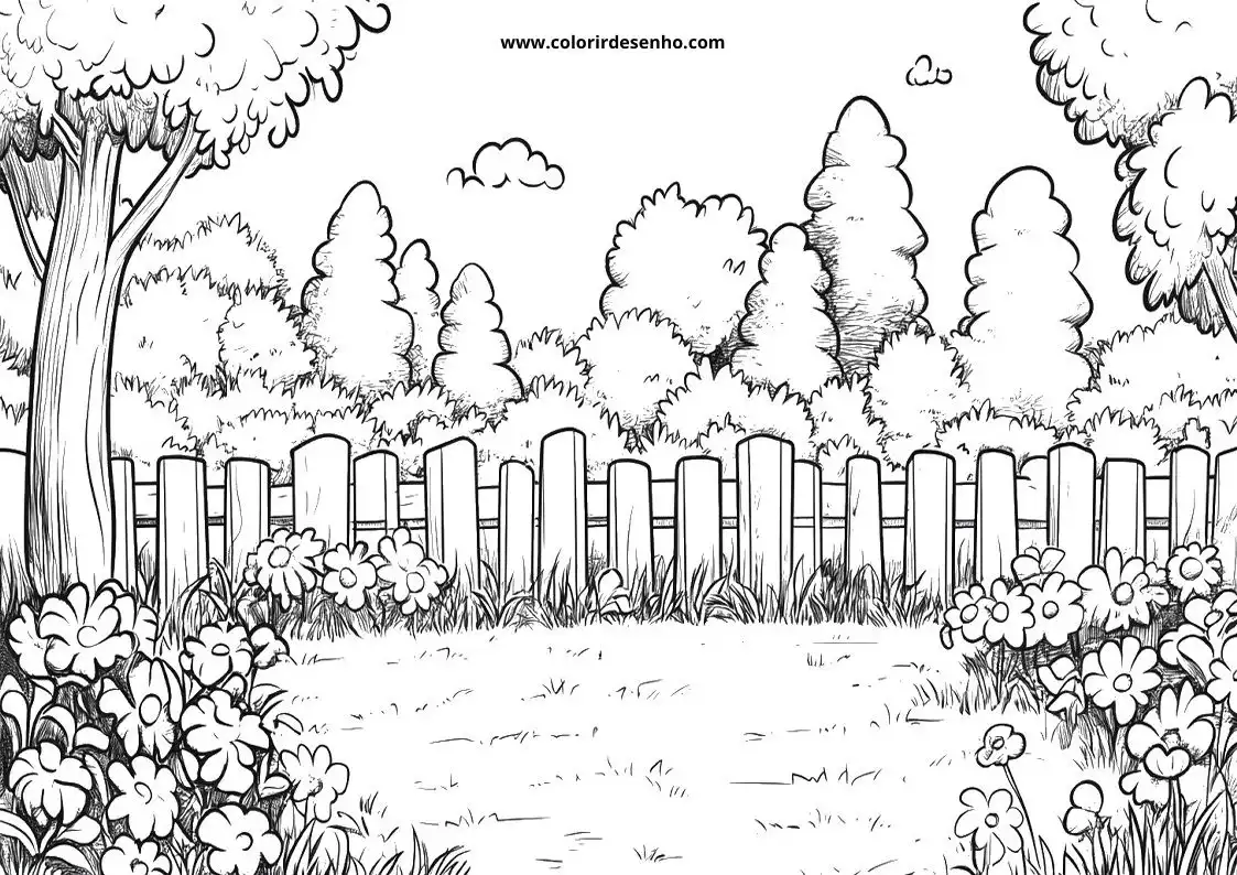 garden fence with flowers in front of trees