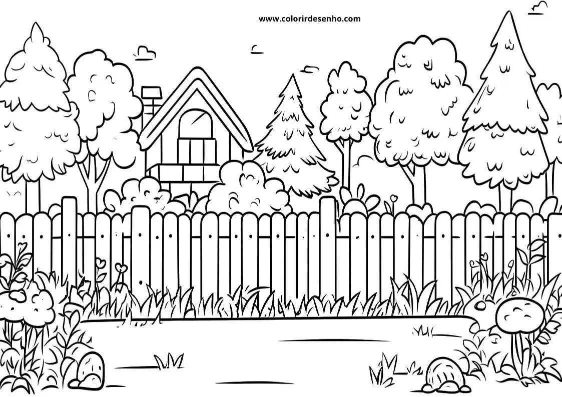 garden house behind wooden fence with trees and flowers