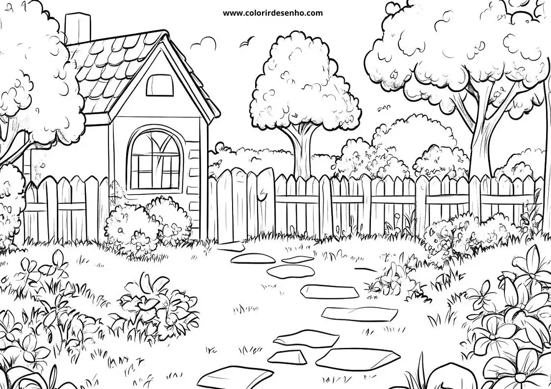 garden house surrounded by garden beds with flowers and rocks leading to it