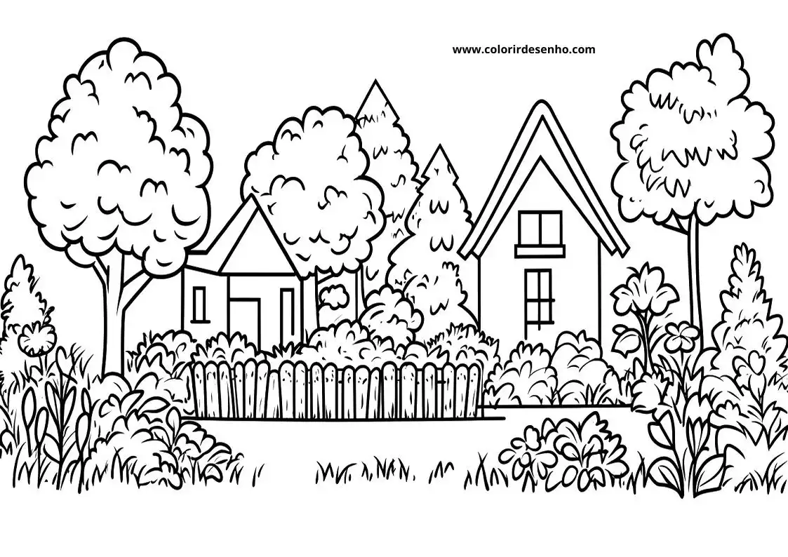 garden house surrounded by trees and bushes with wooden fence in the foreground