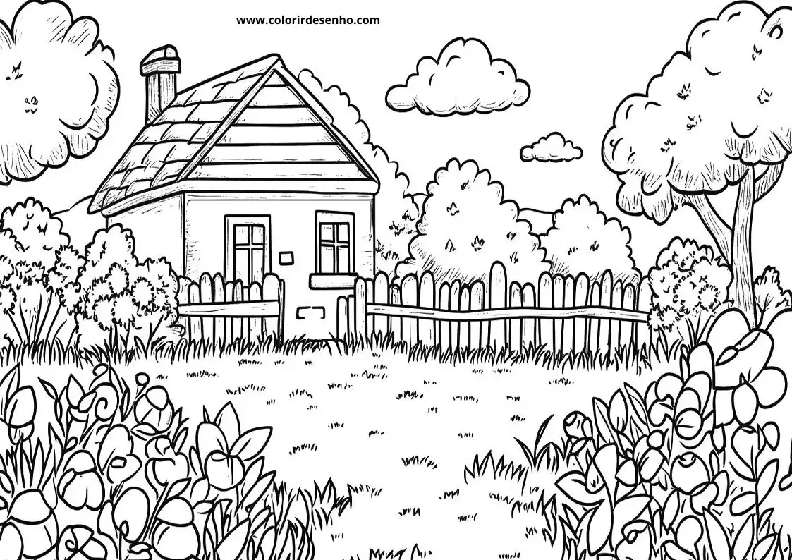 garden house with chimney and fence in the garden filled with flowers and bushes