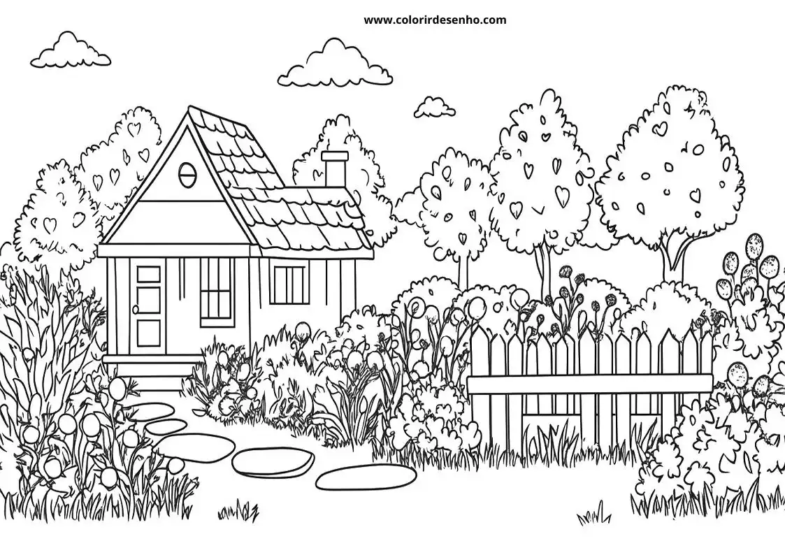 garden house with heart shapes on leaves fence pond grass bushes tree with heart