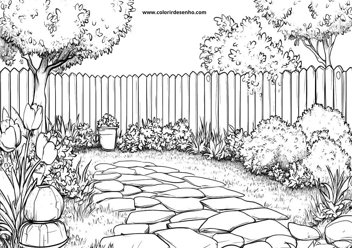 garden path leading through garden filled with flowers and bushes behind wooden fence