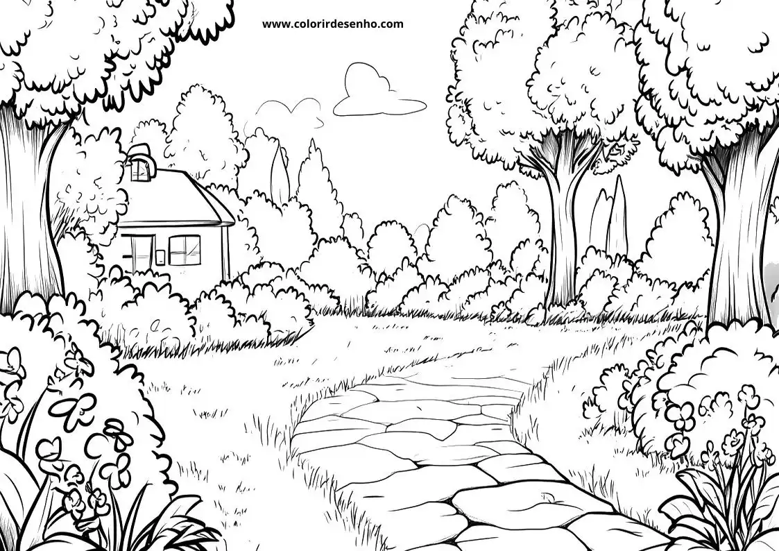 garden path winds through lush foliage and trees leading to a quaint house