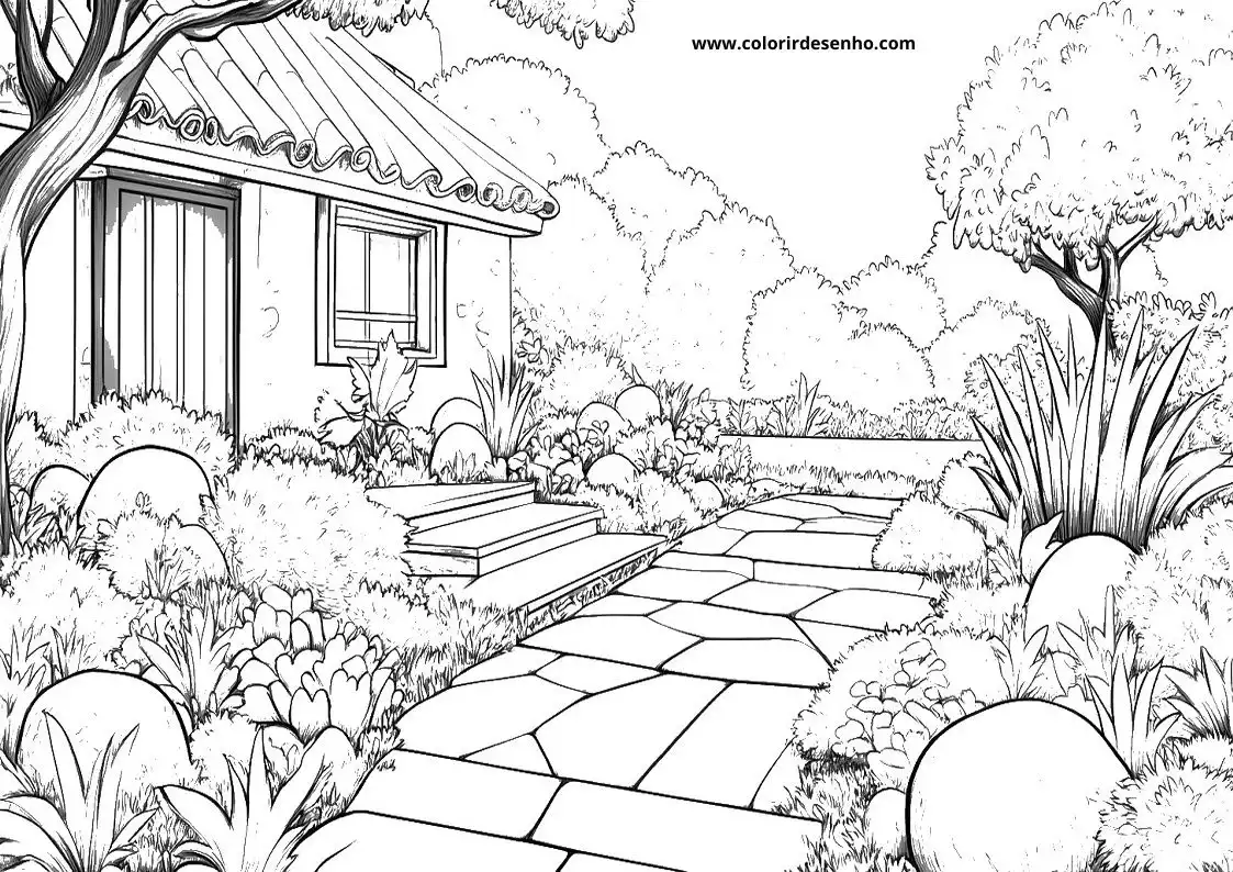 garden pathway leading to small house surrounded by bushes and trees
