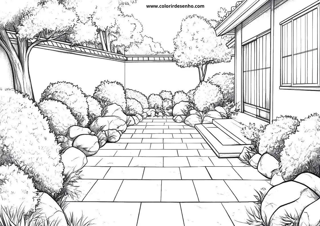 garden pathway lined with bushes and rocks leading to a house window