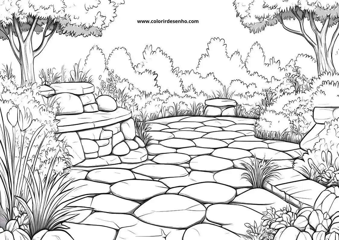 garden pathway lined with large stones through a lush garden filled with various plants