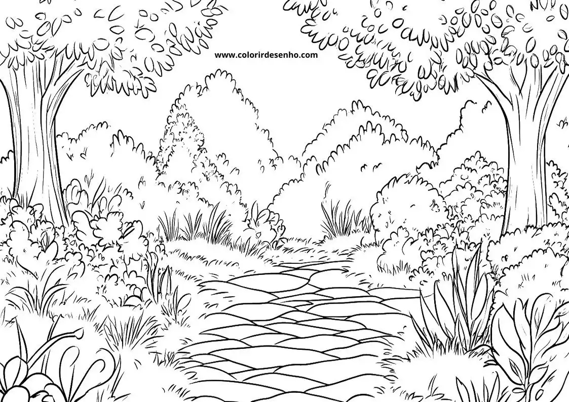 garden pathway meanders through dense foliage and trees