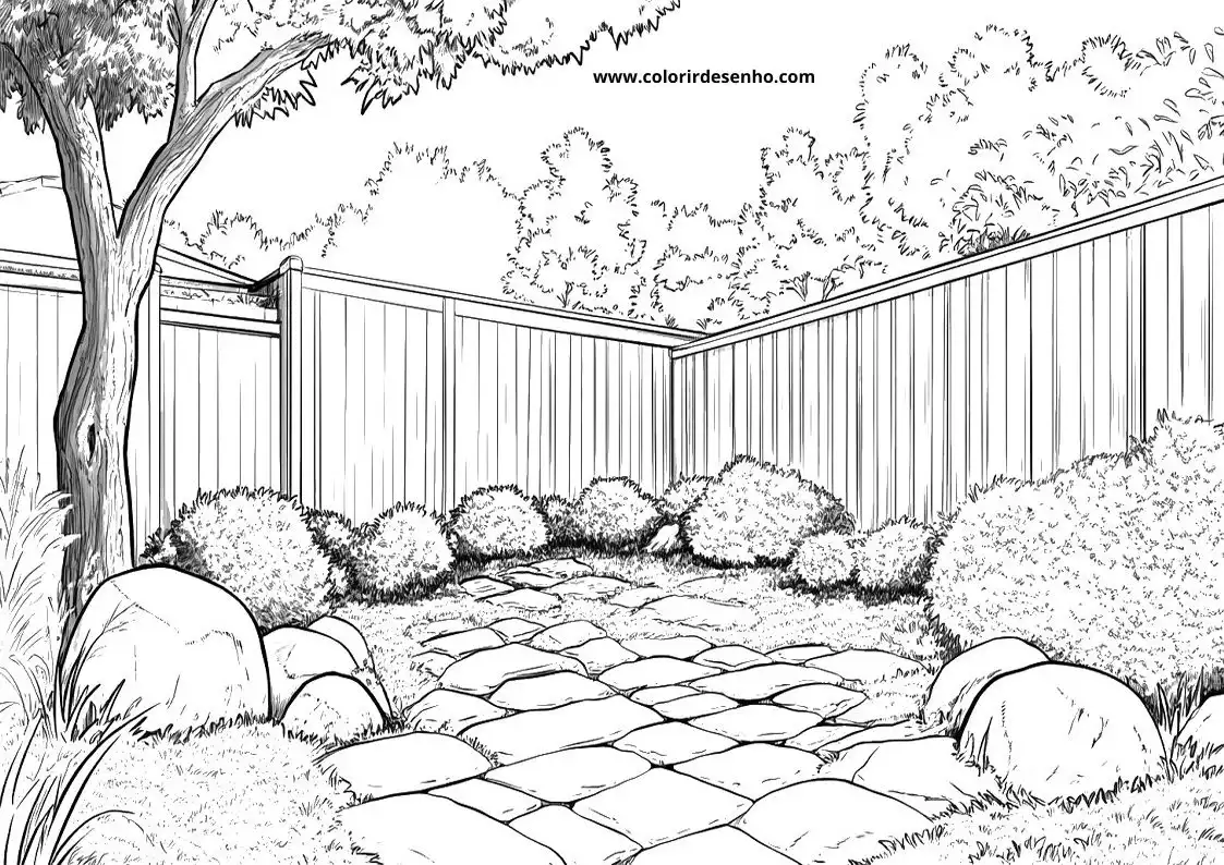 garden pathway winding through garden beds and trees fence surrounding property trees and bushes