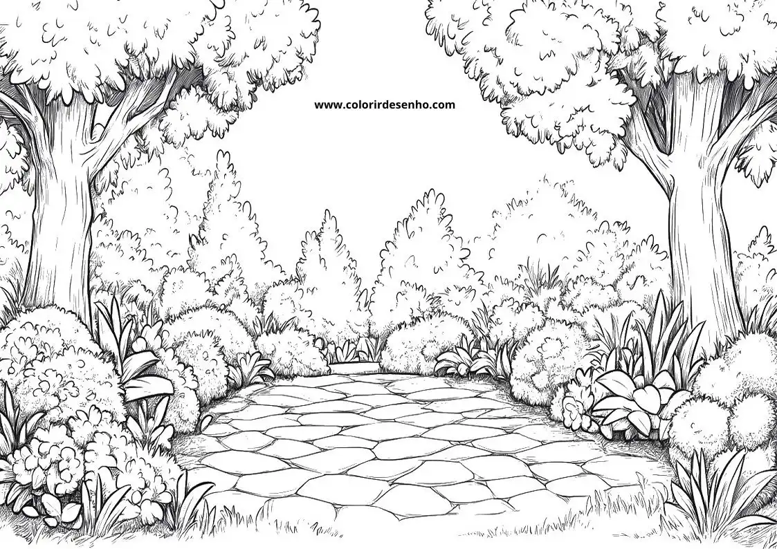 garden pathway winding through lush foliage and trees in a serene garden setting