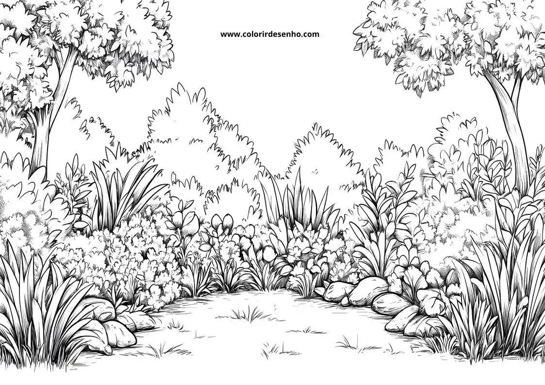 garden pathway winding through lush garden filled with various plants and rocks