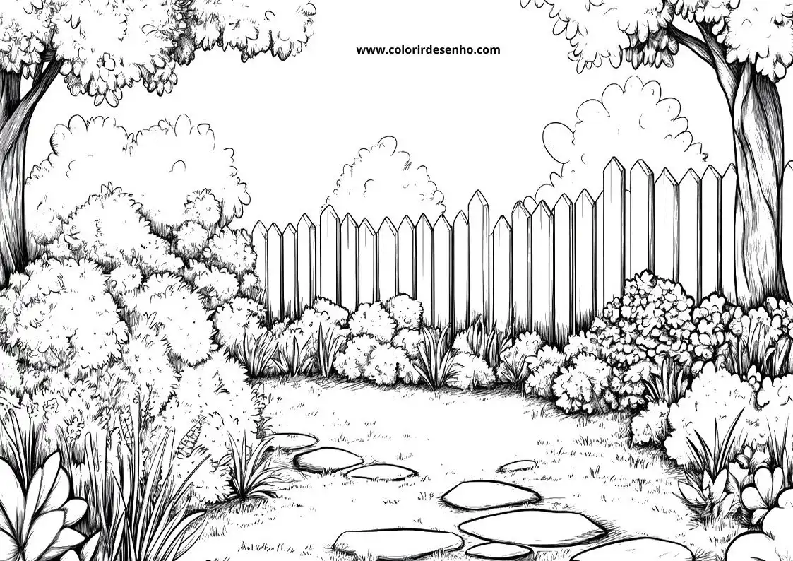 garden pond bordered by fence with lush shrubs around it