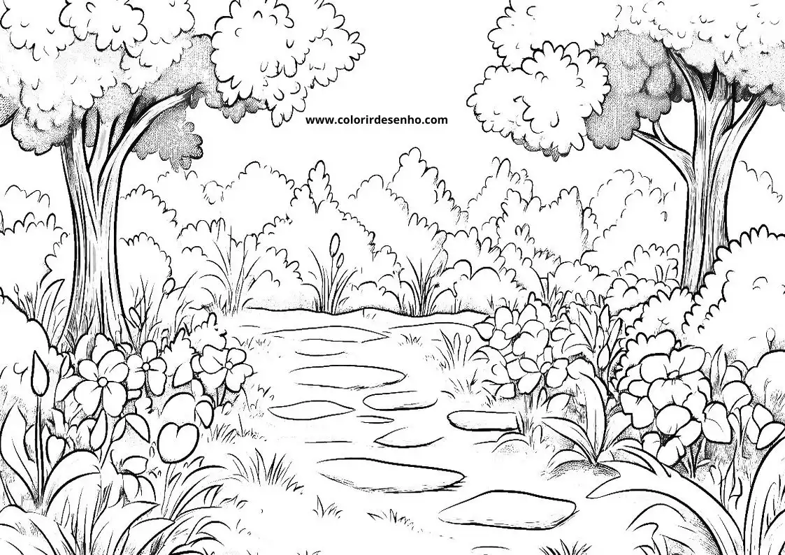 garden pond surrounded by trees and bushes with flowers