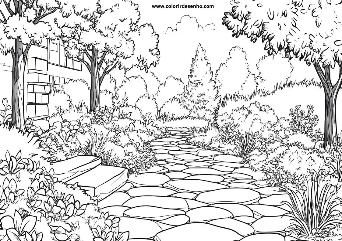 garden stone path winding through garden with trees and bushes