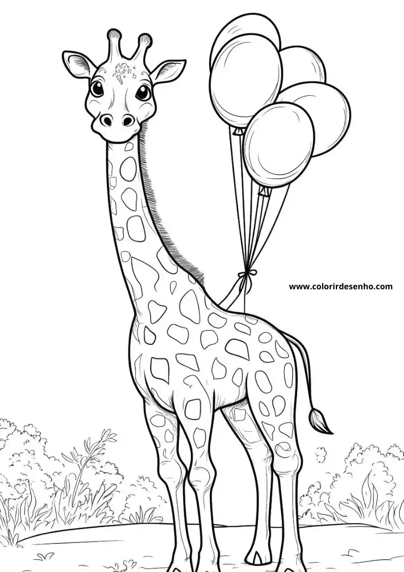 giraffe holding balloons in a grassy field