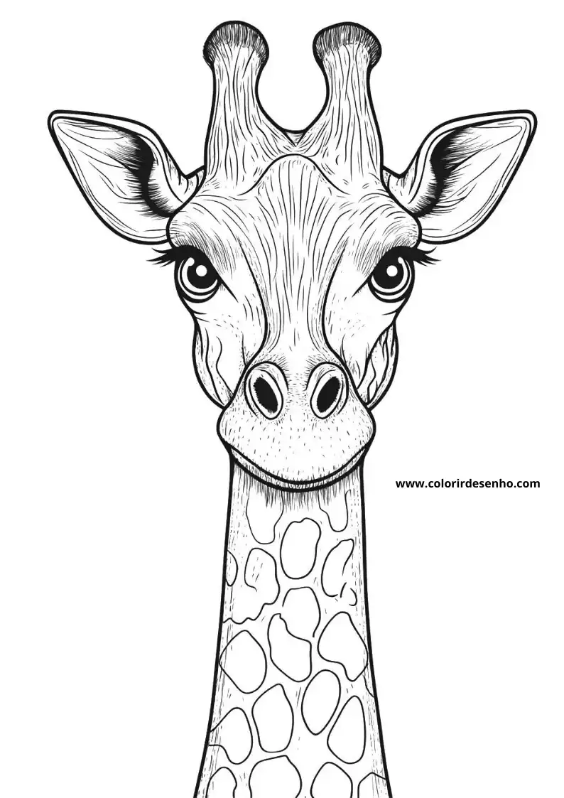 giraffe looking directly at viewer against plain background