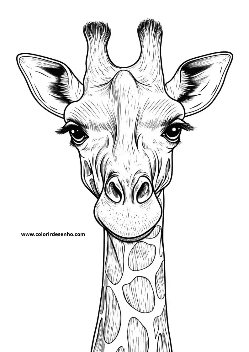 giraffe looking directly at viewer long neck patterned fur small horns