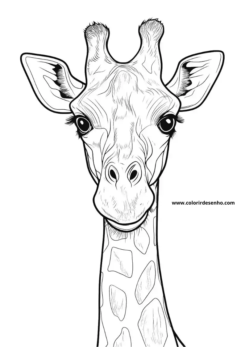 giraffe looking directly at viewer wearing no clothing standing against plain background