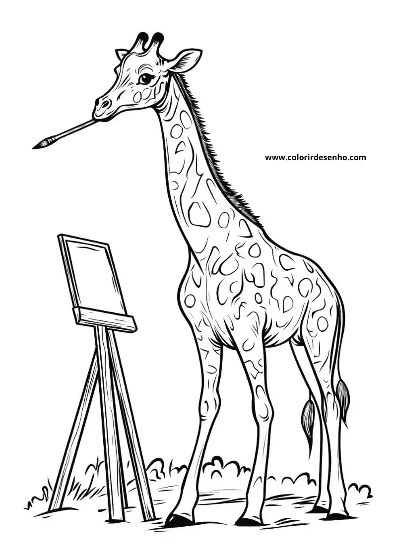 giraffe painting on easel in grassy setting