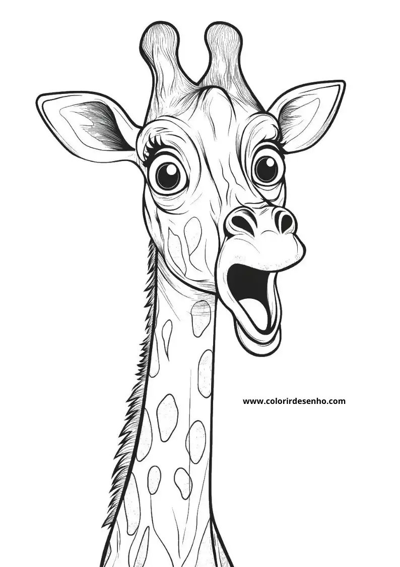 giraffe smiling widely in a playful pose against plain background