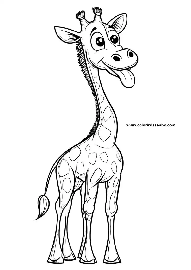 giraffe smiling with closed eyes and long tongue sticking out standing upright against plain