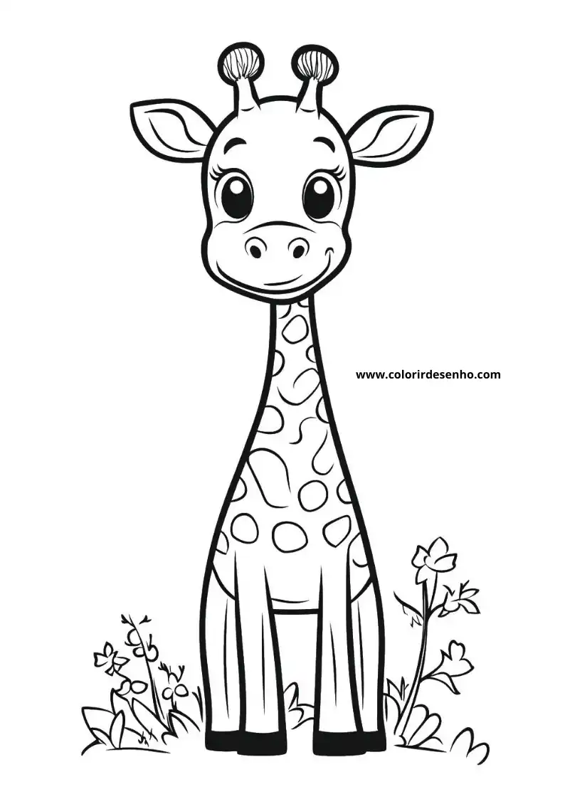 giraffe standing in grass and flowers