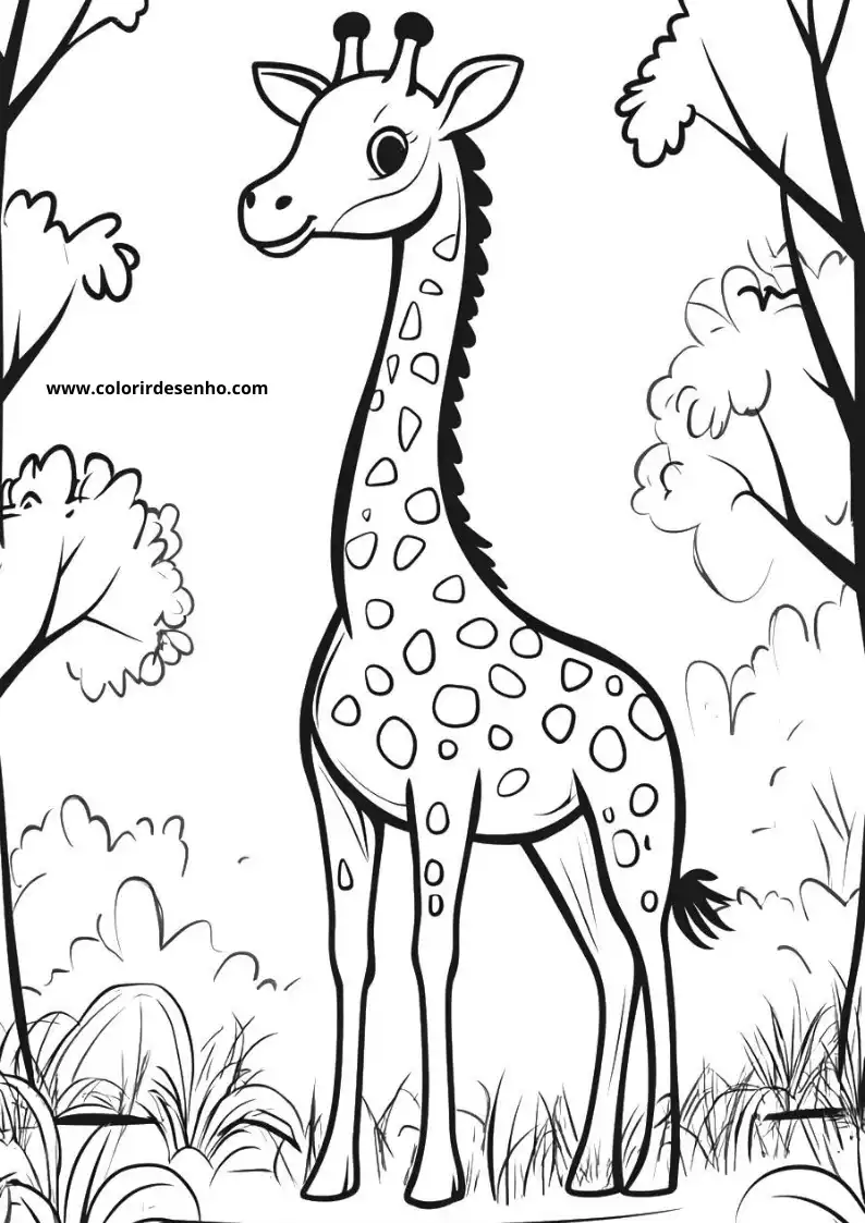 giraffe standing in grassy area with trees and bushes behind it