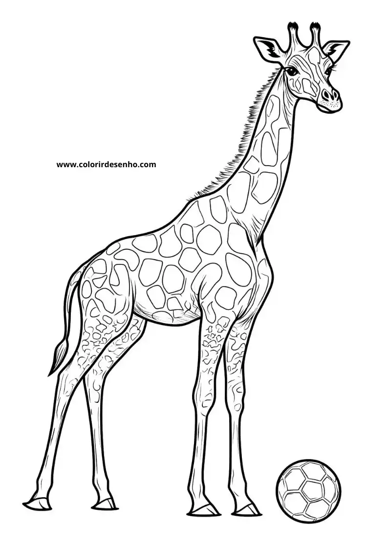giraffe standing next to a soccer ball on a plain background