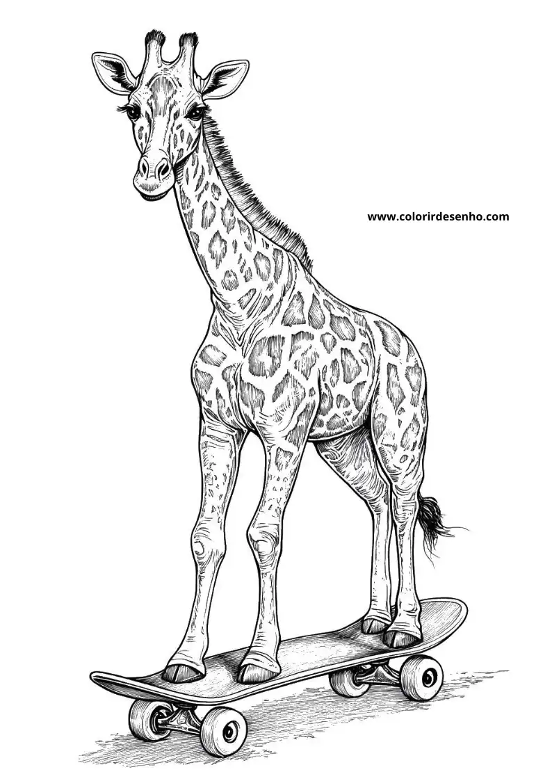 giraffe standing on skateboard with spotted coat long neck small horns and a friendly