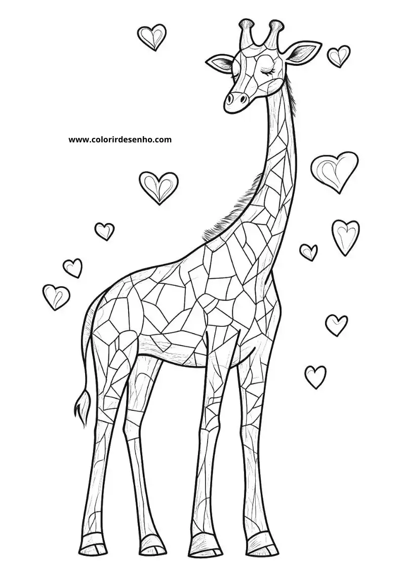 giraffe standing tall surrounded by hearts in black and white style