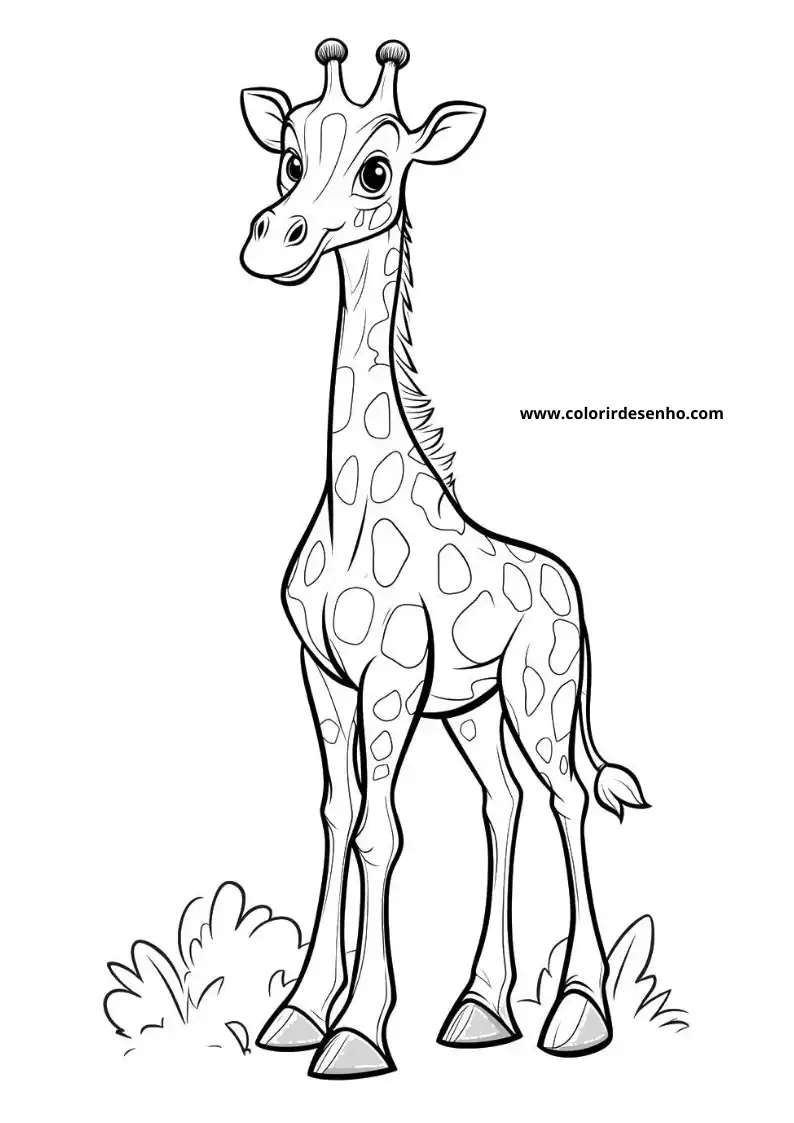giraffe standing tall with long neck spotted coat small horns and tail grass patches