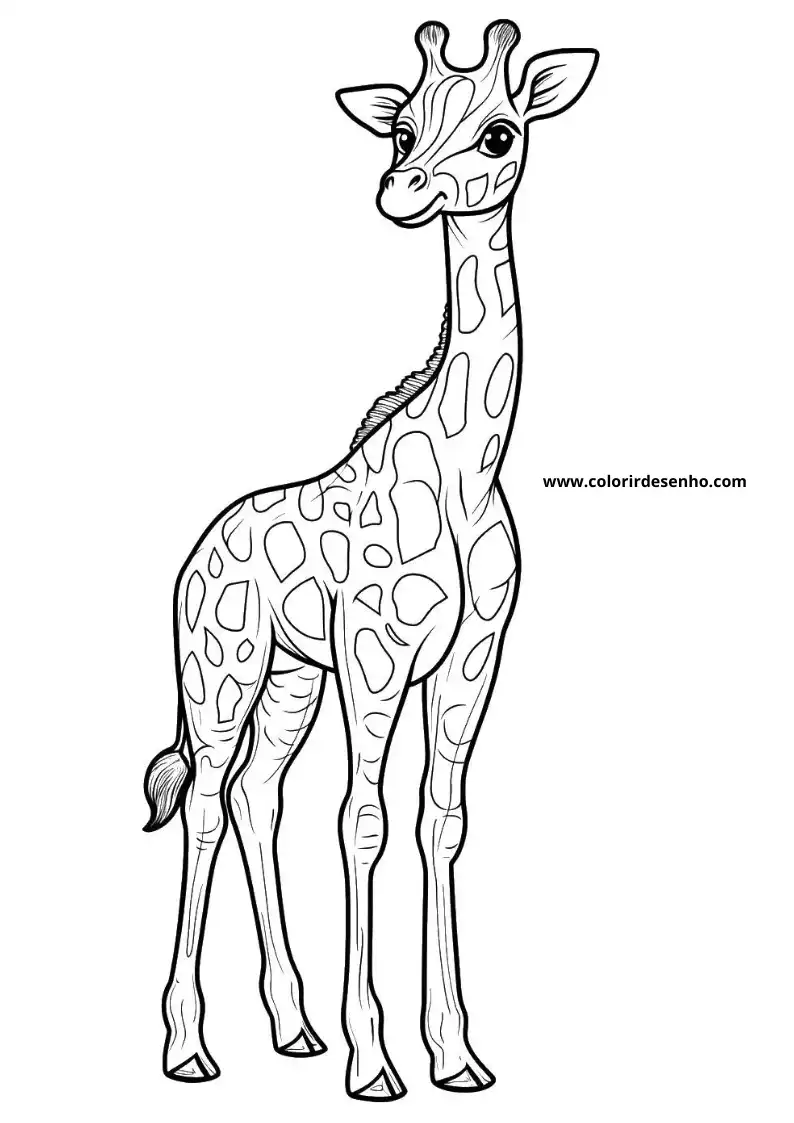 giraffe standing tall with long neck spotted coat small horns friendly expression no clothing