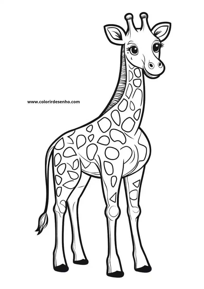 giraffe standing upright facing forward wearing spots and horns in a clear black