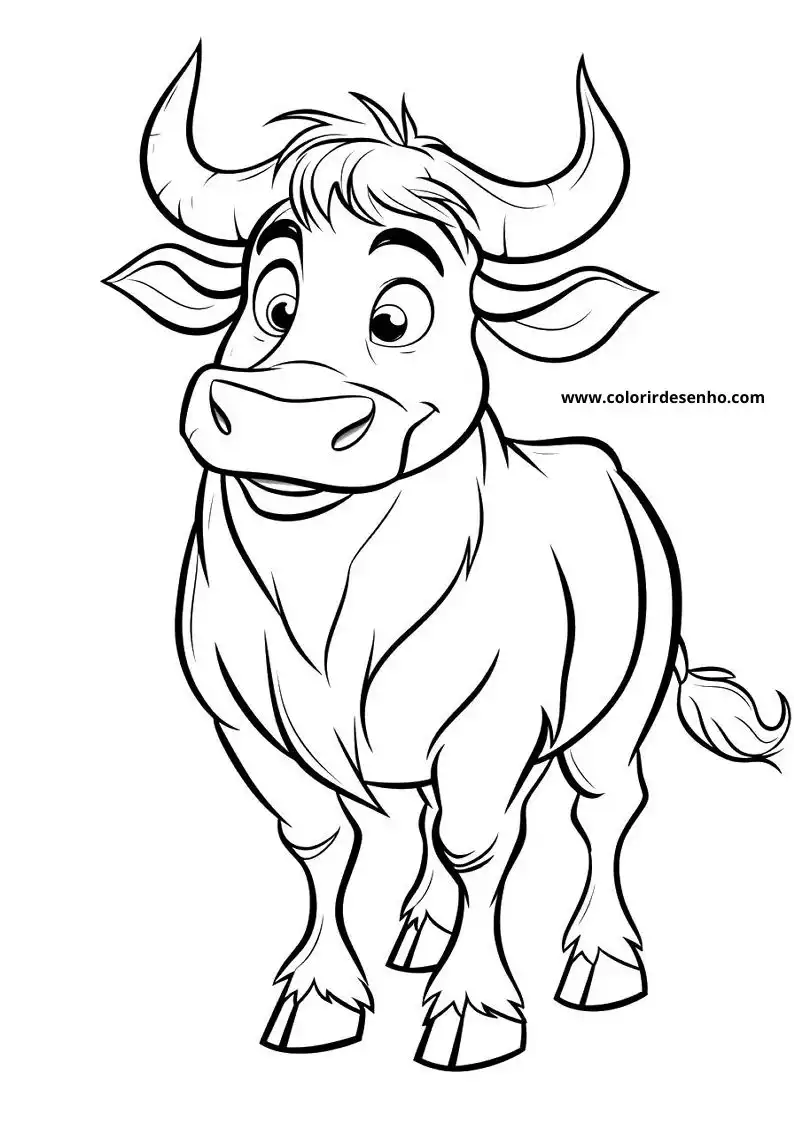happy cartoon bull with curved horns and thick coat