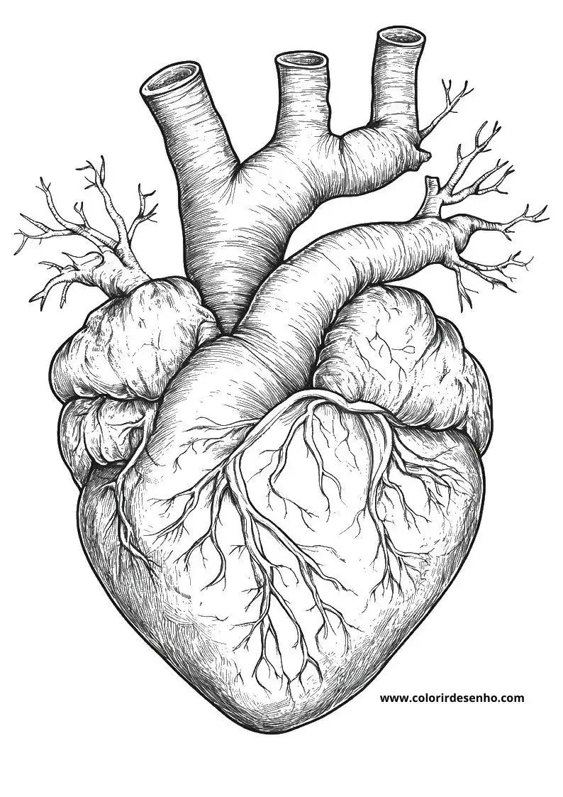 heart in black and white showing detailed anatomical structure of heart and blood vessels