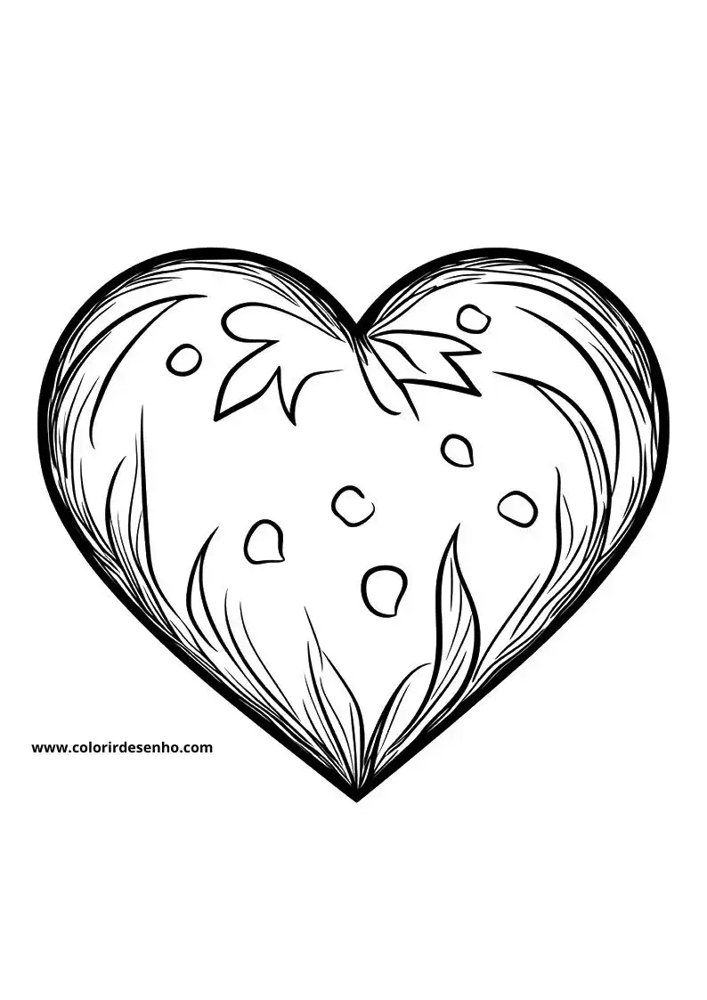 heart outlined as a strawberry with leaves and seeds
