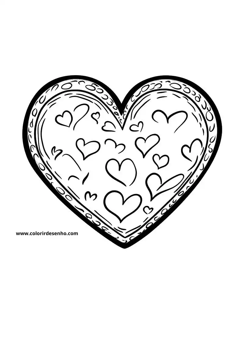 heart outlined in intricate patterns and surrounded by smaller hearts on a white background