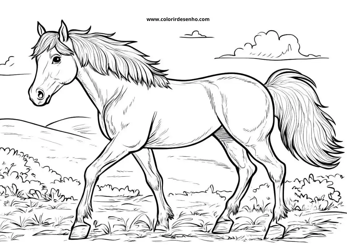 horse galloping across grassy field with small bushes
