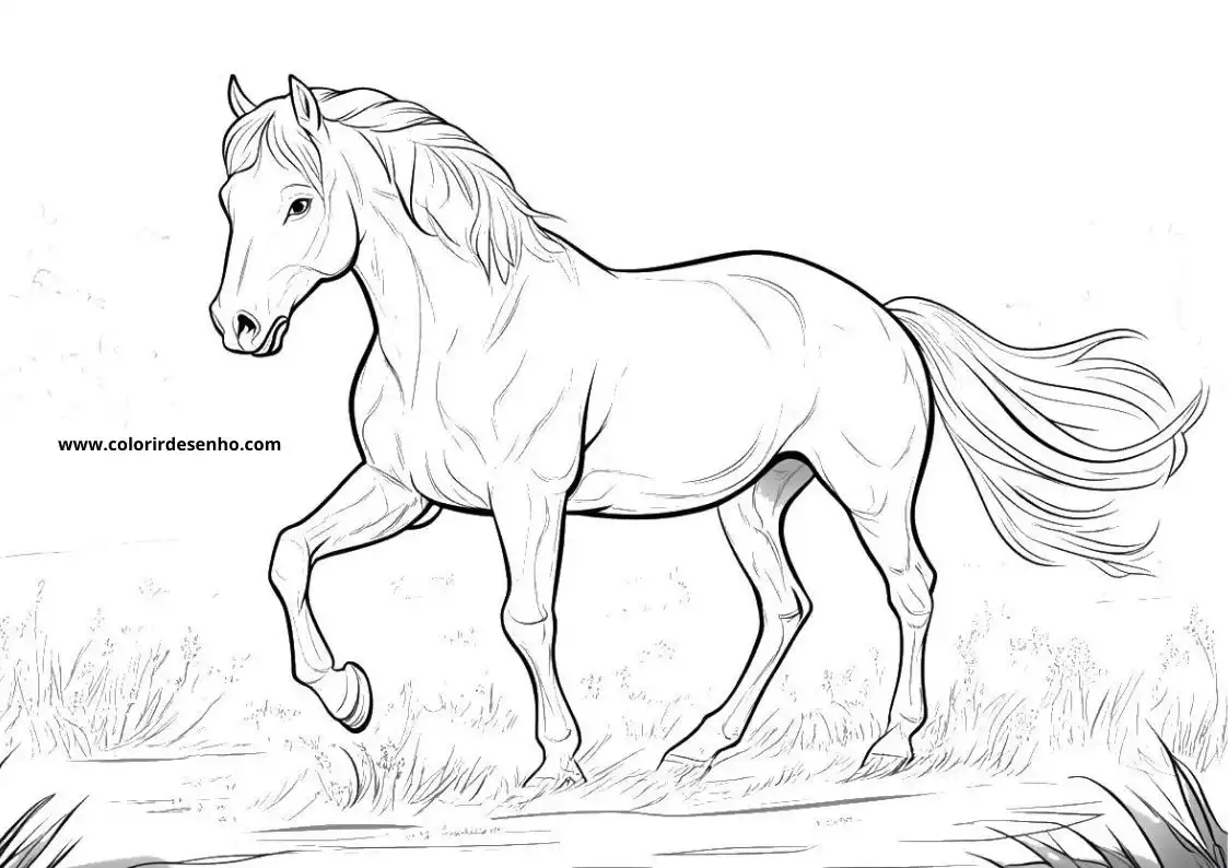 horse galloping in grassy field with windblown mane