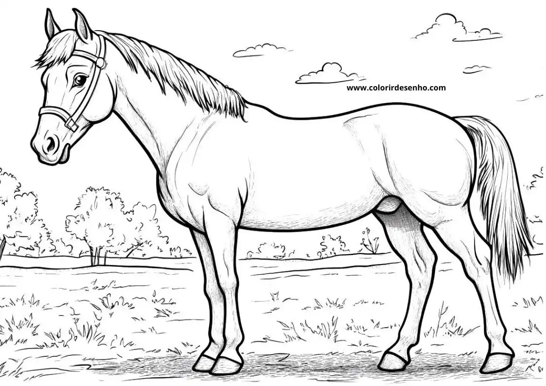 horse positioned on grassy terrain with tail swaying