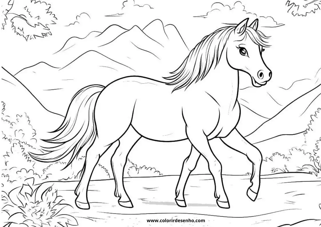 horse running in a field with mountains and trees in the background