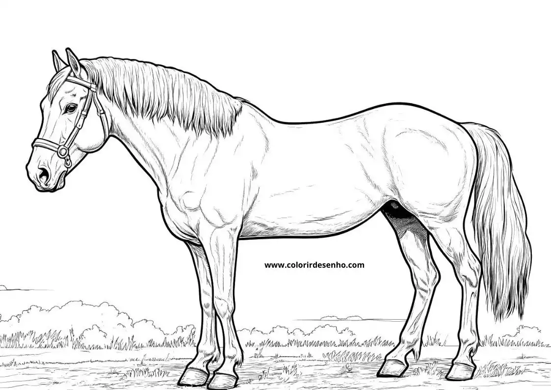 horse standing calmly in a grassy field wearing a bridle