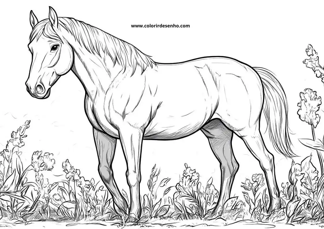 horse standing in a field of flowers and grasses