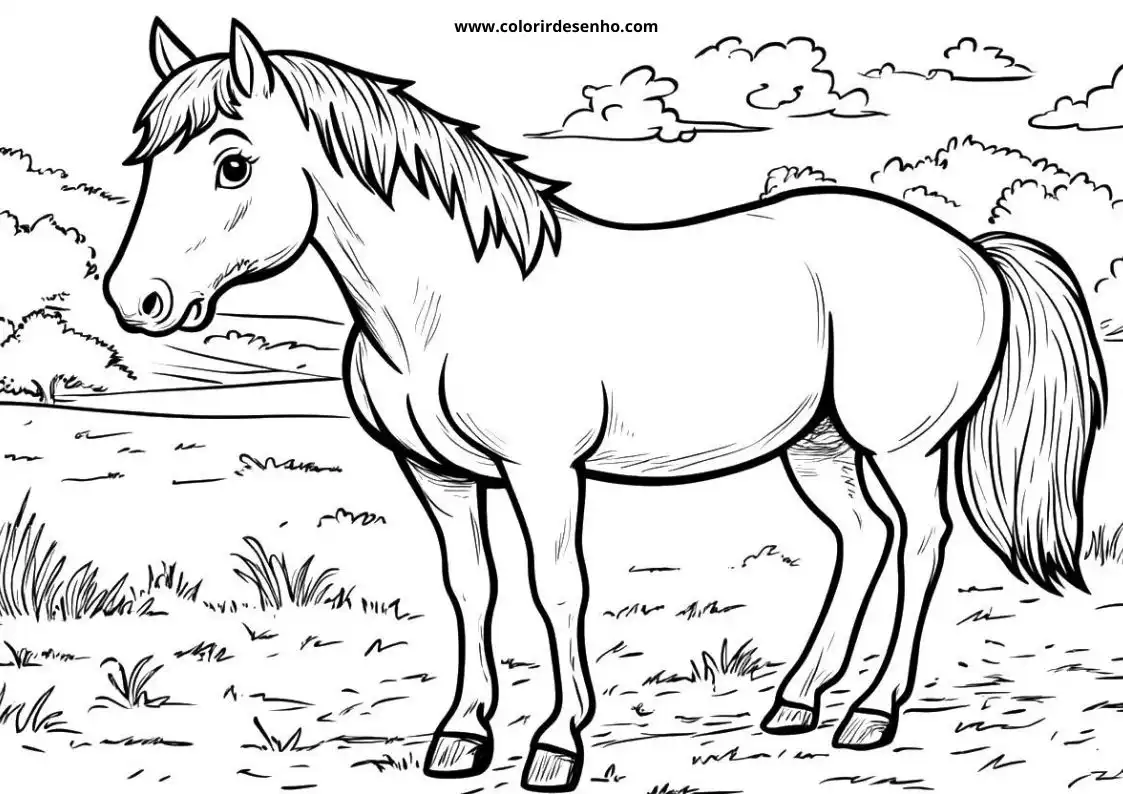 horse standing in a field with tail swaying