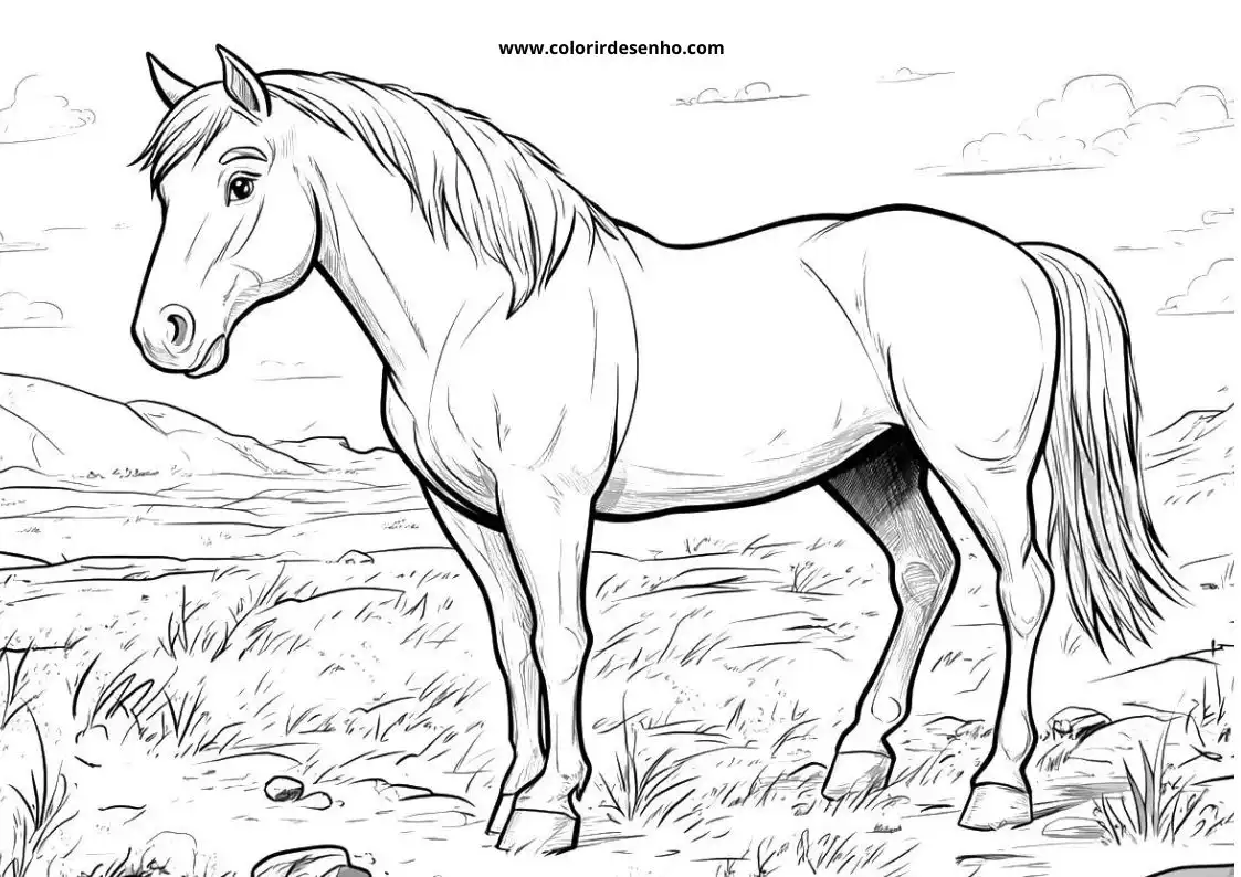 horse standing in a grassy field with hills and clouds in the background