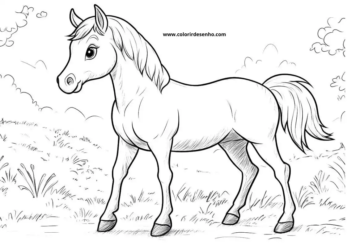 horse standing in a grassy field with tail swaying
