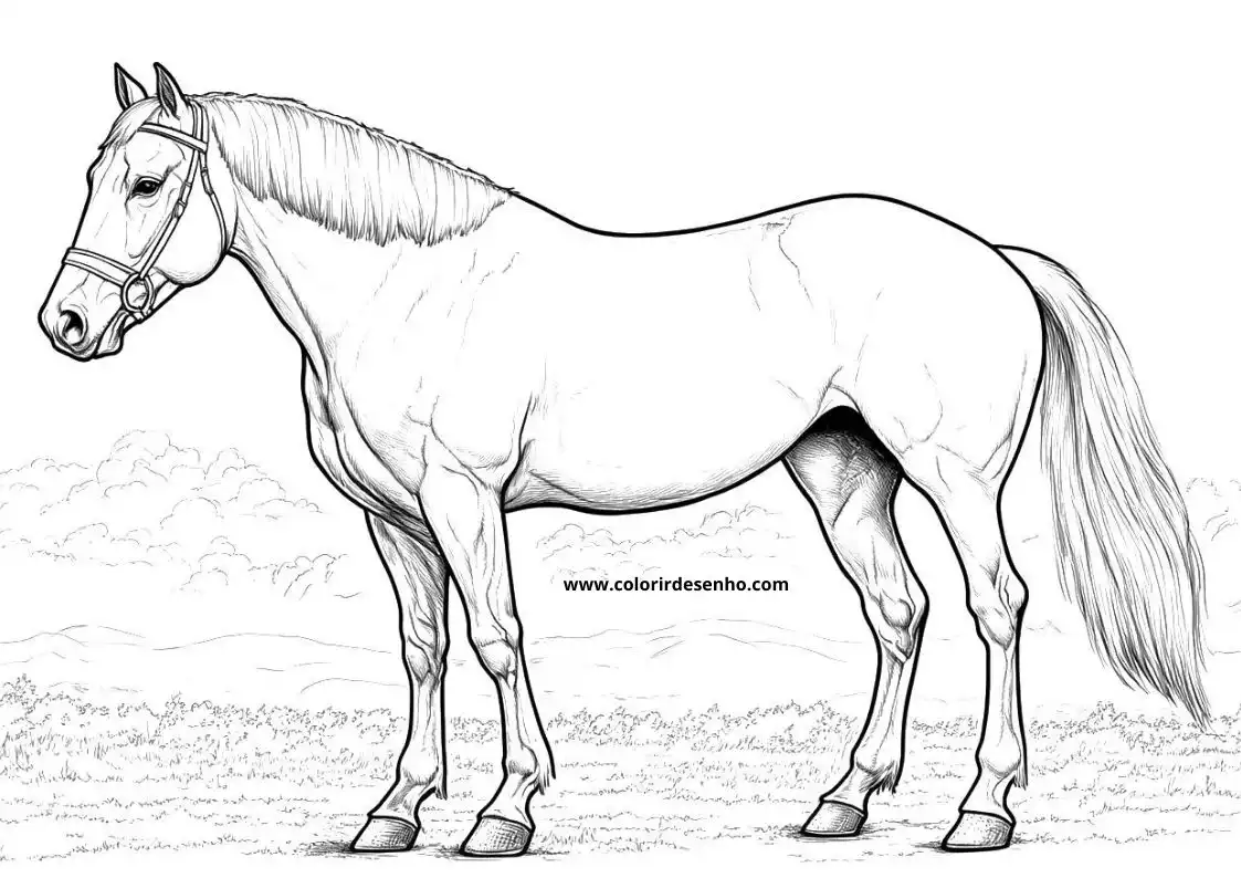 horse standing in field wearing bridle and reins