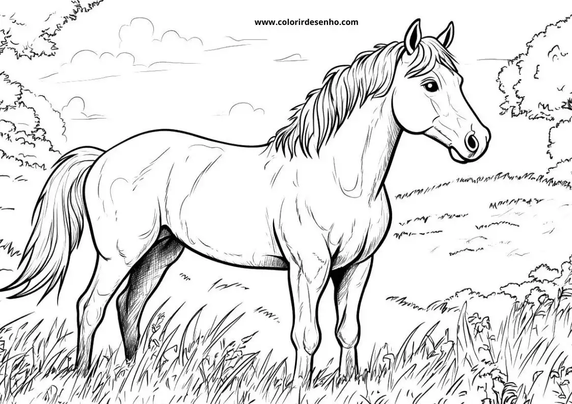 horse standing in field with trees and clouds in background