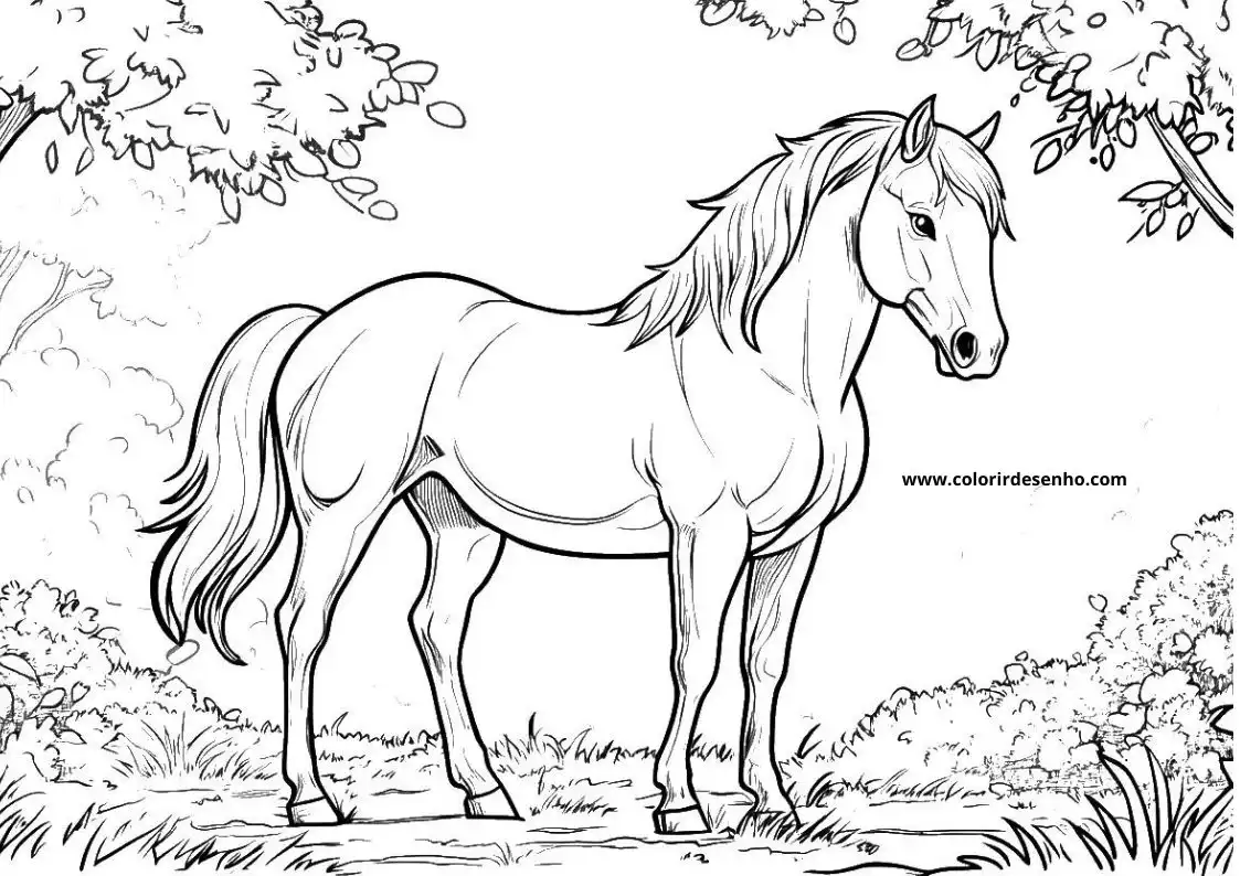 horse standing in forest clearing looking left long mane flowing