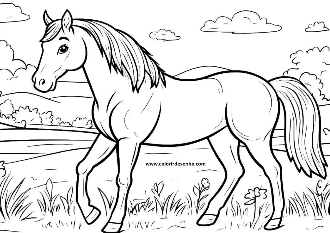 horse standing in grassy area with clouds above it